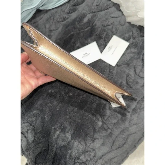 Coach Metallic Leather Wristlet Clutch Gold Zip Pouch Authentic - Picture 7 of 12